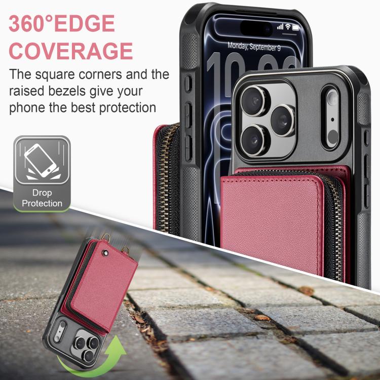 For iPhone 17 Pro Max JEEHOOD C22 Series Zipper Wallet Leather Phone Case with Dual Lanyard(Red) by JEEHOOD