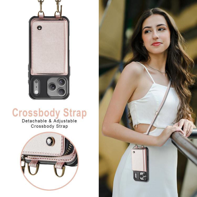 For iPhone 17 Pro Max JEEHOOD C22 Series Zipper Wallet Leather Phone Case with Dual Lanyard(Rose Gold) by JEEHOOD