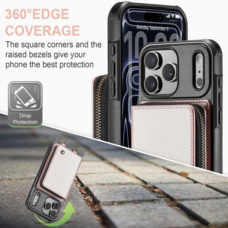 For iPhone 17 Pro Max JEEHOOD C22 Series Zipper Wallet Leather Phone Case with Dual Lanyard(Rose Gold) by JEEHOOD