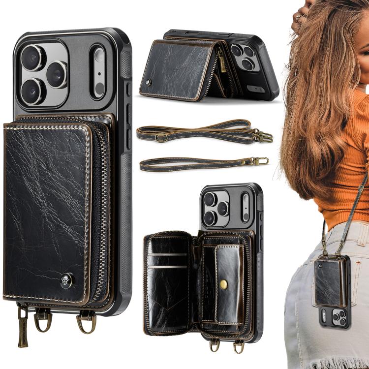 For iPhone 17 Pro Max JEEHOOD C22 Series Zipper Wallet Leather Phone Case with Dual Lanyard(Coffee) by JEEHOOD