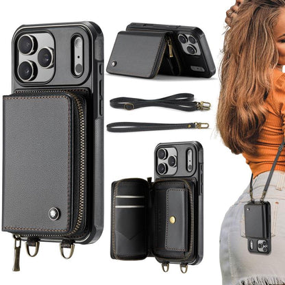 For iPhone 17 Pro JEEHOOD C22 Series Zipper Wallet Leather Phone Case with Dual Lanyard(Black) by JEEHOOD