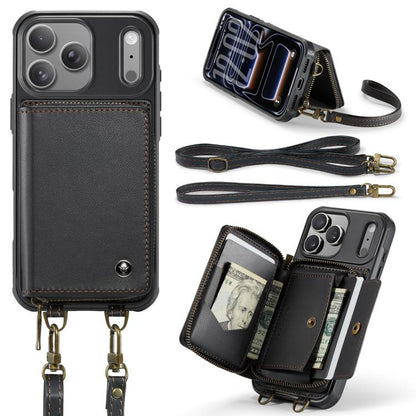 For iPhone 17 Pro JEEHOOD C22 Series Zipper Wallet Leather Phone Case with Dual Lanyard(Black) by JEEHOOD