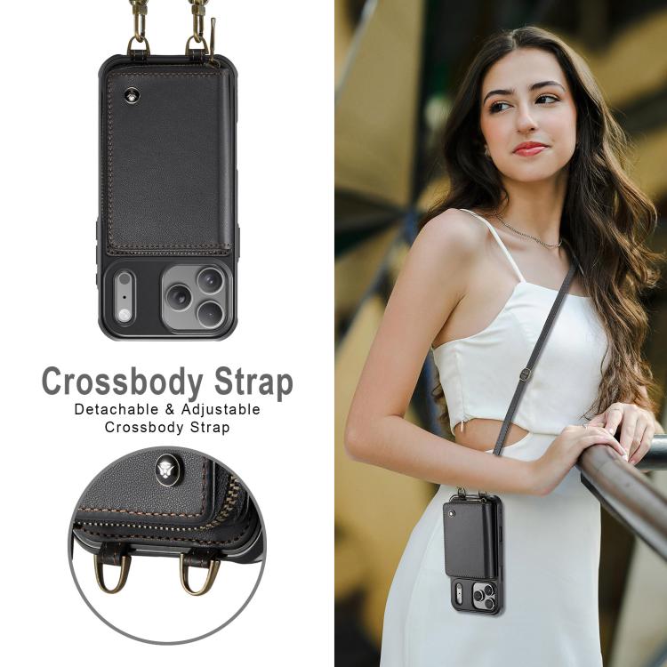 For iPhone 17 Pro JEEHOOD C22 Series Zipper Wallet Leather Phone Case with Dual Lanyard(Black) by JEEHOOD