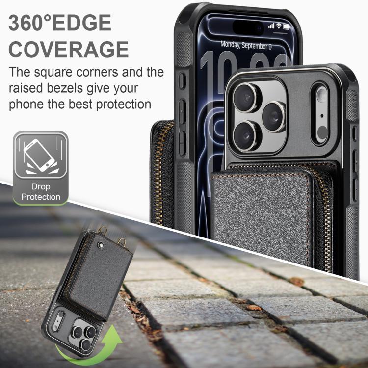 For iPhone 17 Pro JEEHOOD C22 Series Zipper Wallet Leather Phone Case with Dual Lanyard(Black) by JEEHOOD