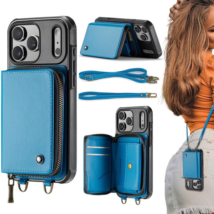 For iPhone 17 Pro JEEHOOD C22 Series Zipper Wallet Leather Phone Case with Dual Lanyard(Blue) by JEEHOOD
