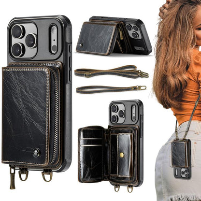 For iPhone 17 Pro JEEHOOD C22 Series Zipper Wallet Leather Phone Case with Dual Lanyard(Coffee) by JEEHOOD