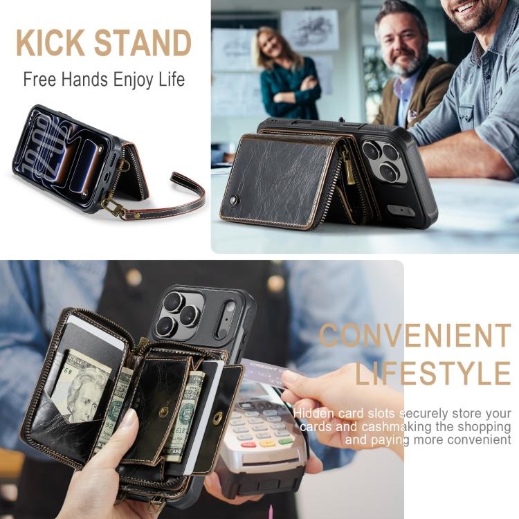 For iPhone 17 Pro JEEHOOD C22 Series Zipper Wallet Leather Phone Case with Dual Lanyard(Coffee) by JEEHOOD