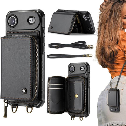 For iPhone Air JEEHOOD C22 Series Zipper Wallet Leather Phone Case with Dual Lanyard(Black) by JEEHOOD