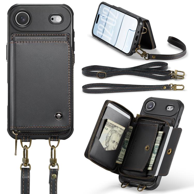 For iPhone Air JEEHOOD C22 Series Zipper Wallet Leather Phone Case with Dual Lanyard(Black) by JEEHOOD