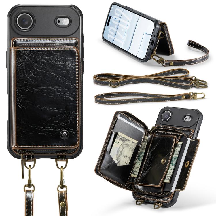 For iPhone Air JEEHOOD C22 Series Zipper Wallet Leather Phone Case with Dual Lanyard(Coffee) by JEEHOOD