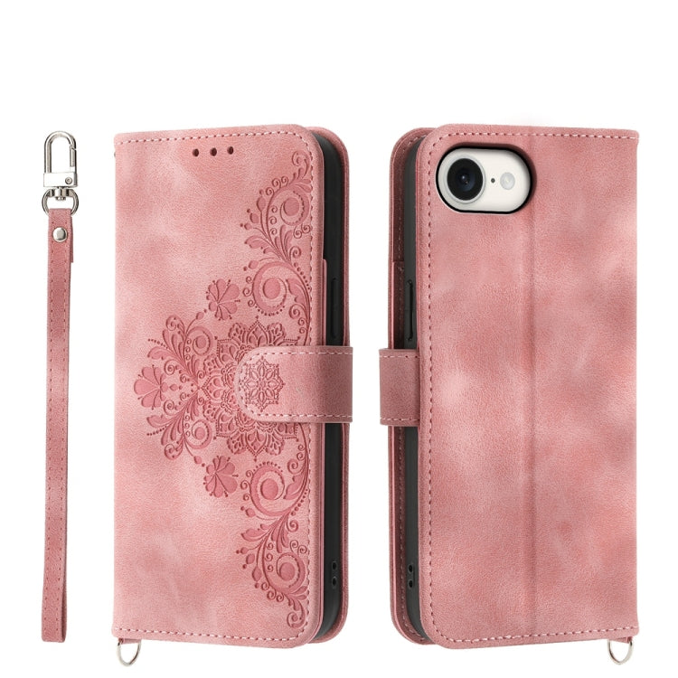 For iPhone 16e Skin-feel Flowers Embossed Wallet Leather Phone Case(Pink) by bashfashion