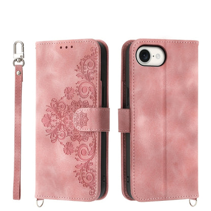 For iPhone 16e Skin-feel Flowers Embossed Wallet Leather Phone Case(Pink) by bashfashion
