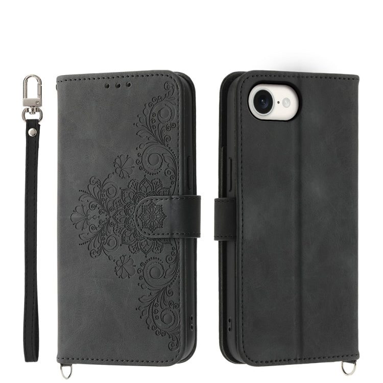 For iPhone 16e Skin-feel Flowers Embossed Wallet Leather Phone Case(Black) by bashfashion
