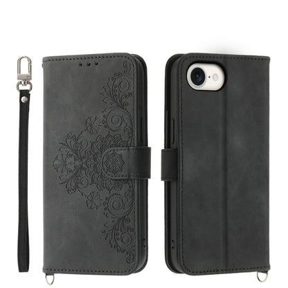 For iPhone 16e Skin-feel Flowers Embossed Wallet Leather Phone Case(Black) by bashfashion