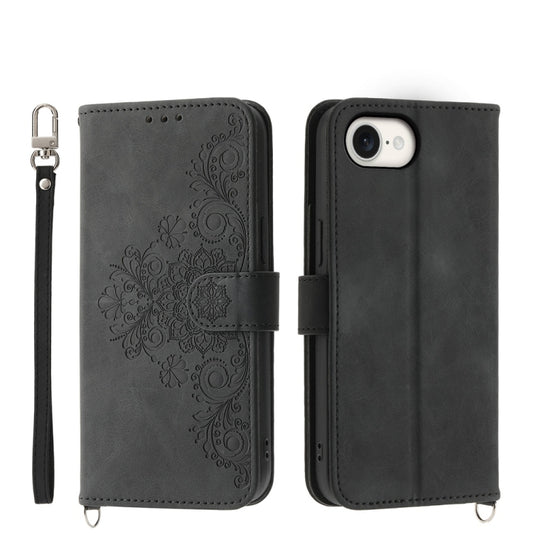 For iPhone 16e Skin-feel Flowers Embossed Wallet Leather Phone Case(Black) by bashfashion