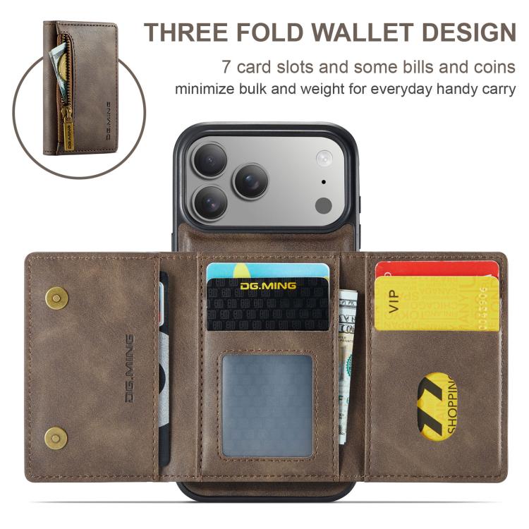 For iPhone 17 Pro Max DG.MING M5 Series Zip RFID Multi Card Detachable Leather Phone Case(Coffee) by DG.MING