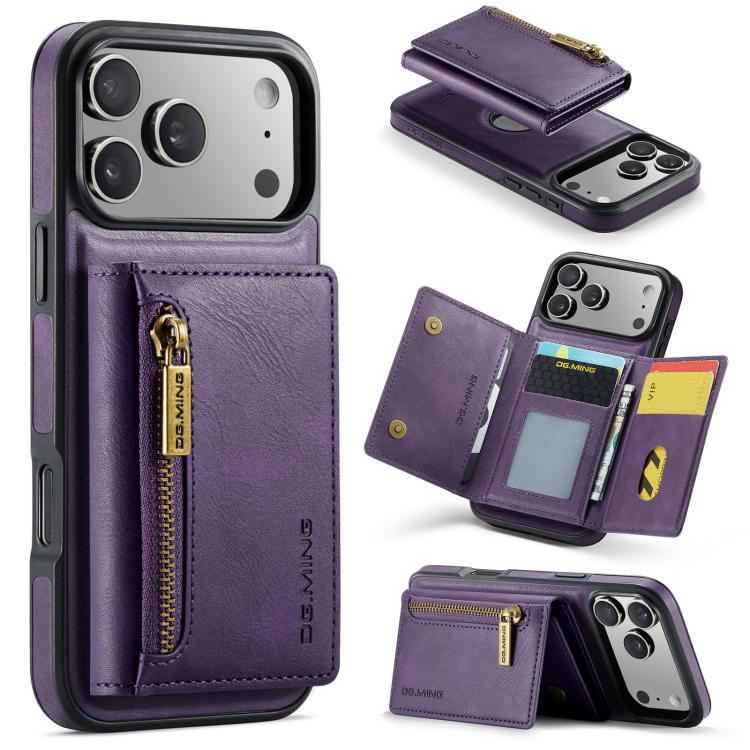 For iPhone 17 Pro Max DG.MING M5 Series Zip RFID Multi Card Detachable Leather Phone Case(Purple) by DG.MING