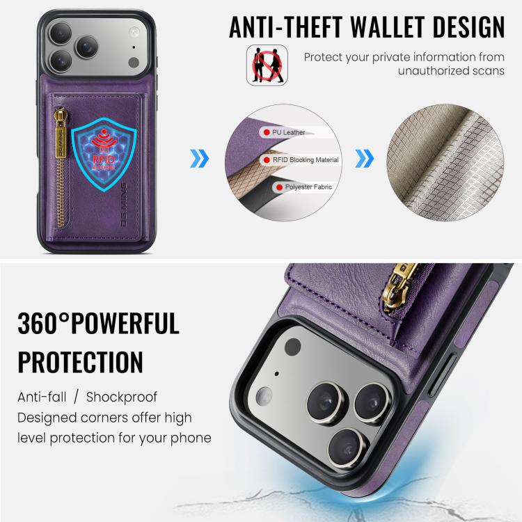 For iPhone 17 Pro Max DG.MING M5 Series Zip RFID Multi Card Detachable Leather Phone Case(Purple) by DG.MING