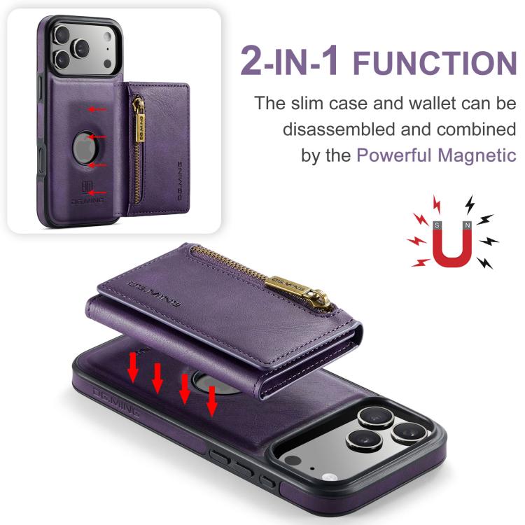 For iPhone 17 Pro Max DG.MING M5 Series Zip RFID Multi Card Detachable Leather Phone Case(Purple) by DG.MING