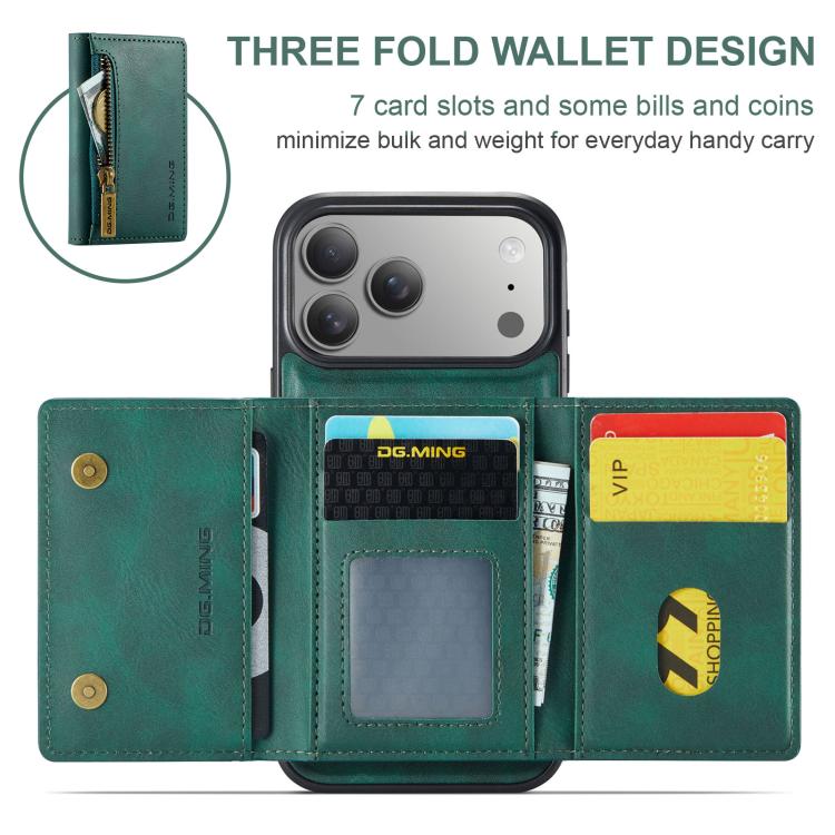 For iPhone 17 Pro Max DG.MING M5 Series Zip RFID Multi Card Detachable Leather Phone Case(Green) by DG.MING