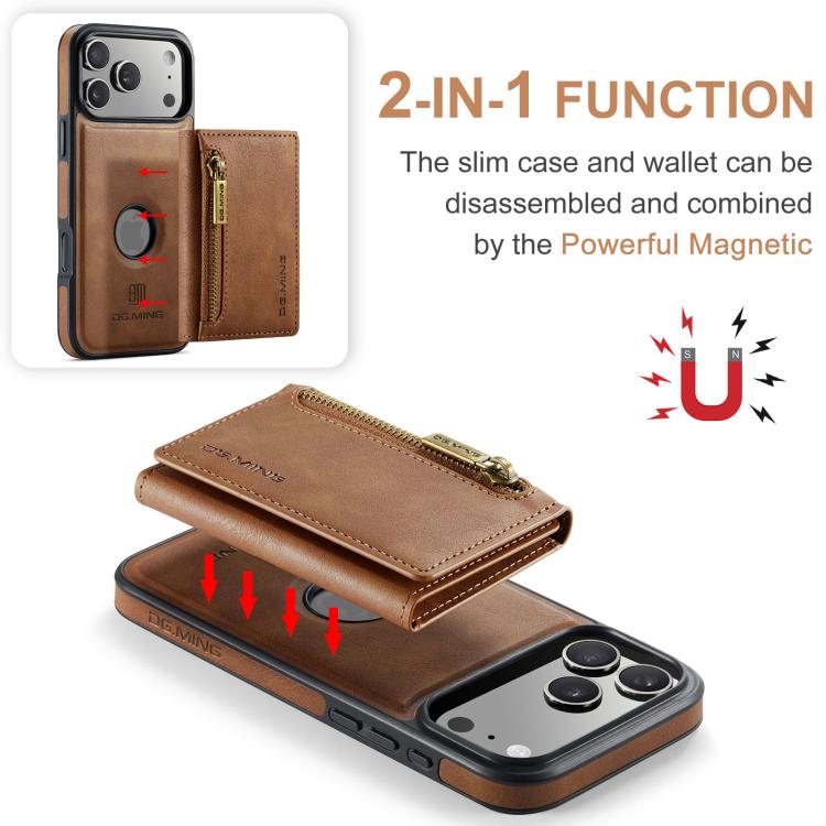 For iPhone 17 Pro DG.MING M5 Series Zip RFID Multi Card Detachable Leather Phone Case(Brown) by DG.MING