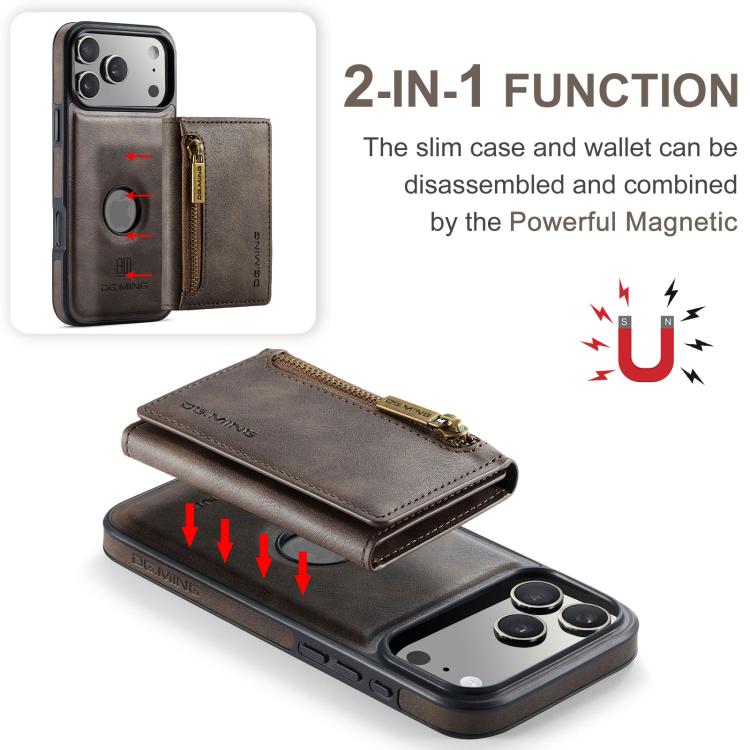 For iPhone 17 Pro DG.MING M5 Series Zip RFID Multi Card Detachable Leather Phone Case(Coffee) by DG.MING