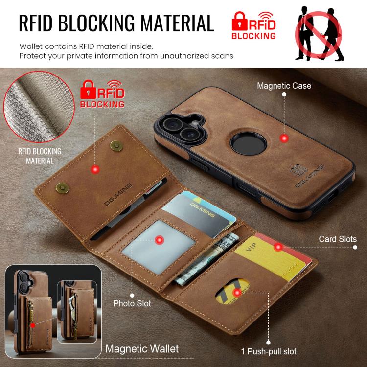 For iPhone 17 DG.MING M5 Series Zip RFID Multi Card Detachable Leather Phone Case(Brown) by DG.MING