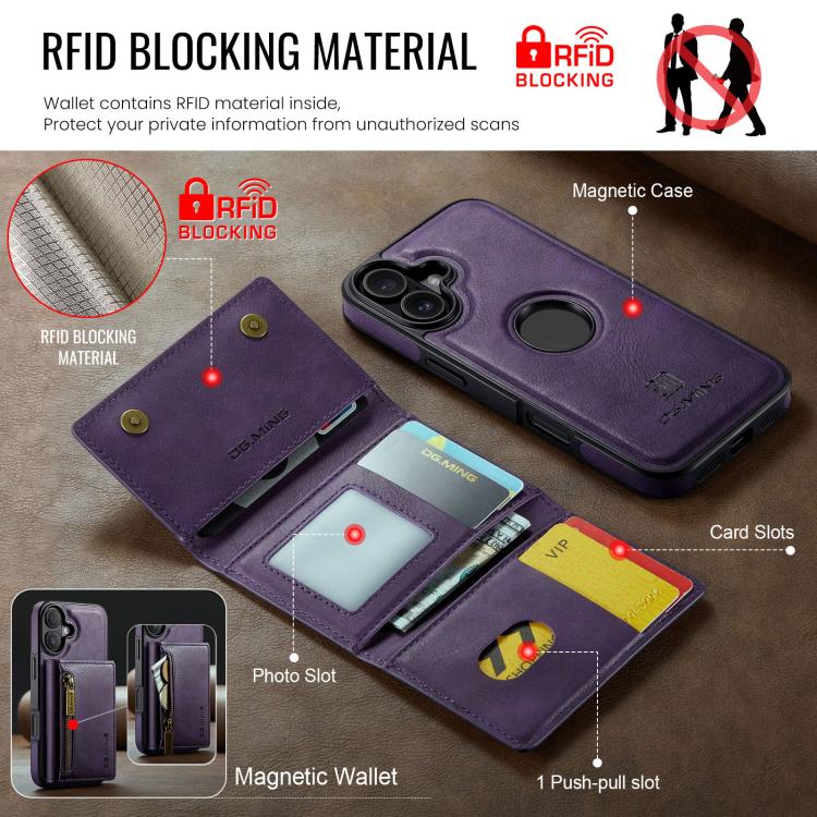 For iPhone 17 DG.MING M5 Series Zip RFID Multi Card Detachable Leather Phone Case(Purple) by DG.MING