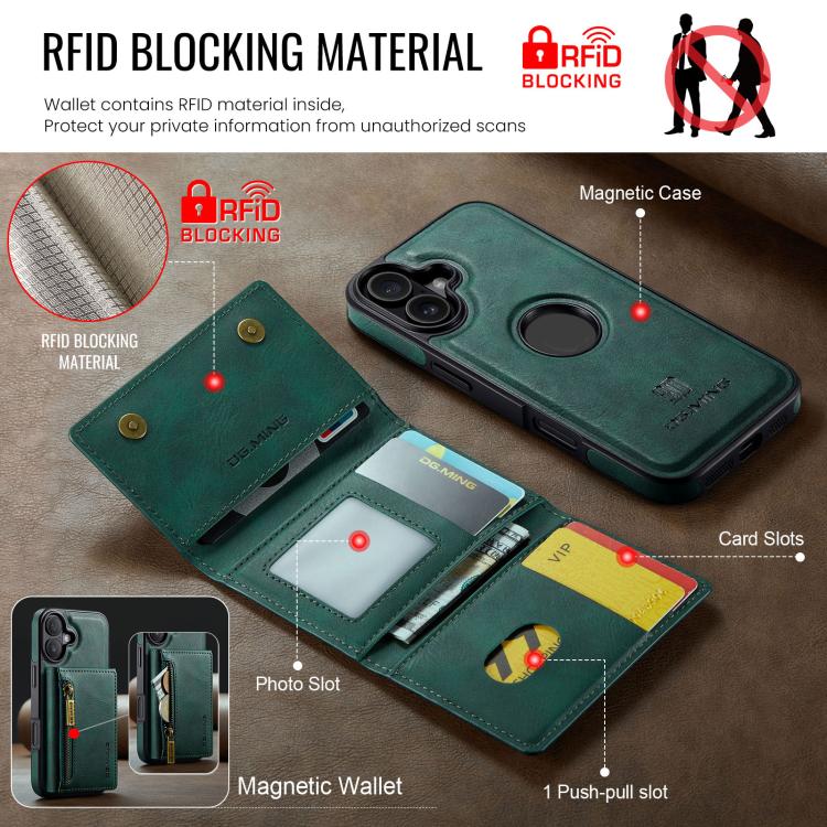 For iPhone 17 DG.MING M5 Series Zip RFID Multi Card Detachable Leather Phone Case(Green) by DG.MING