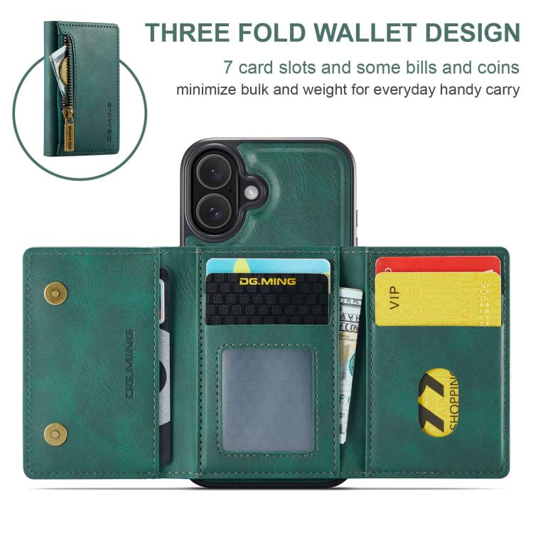 For iPhone 17 DG.MING M5 Series Zip RFID Multi Card Detachable Leather Phone Case(Green) by DG.MING