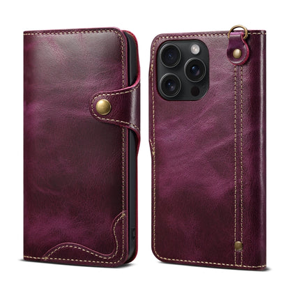 For iPhone 15 Pro Denior Oil Wax Cowhide Magnetic Button Genuine Leather Case(Purple) by Denior