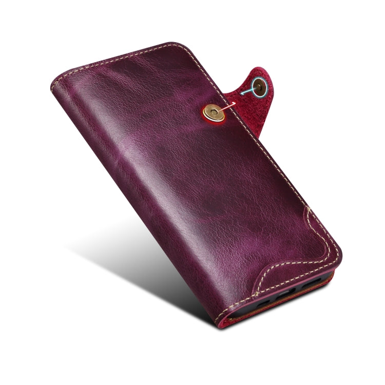 For iPhone 15 Pro Denior Oil Wax Cowhide Magnetic Button Genuine Leather Case(Purple) by Denior