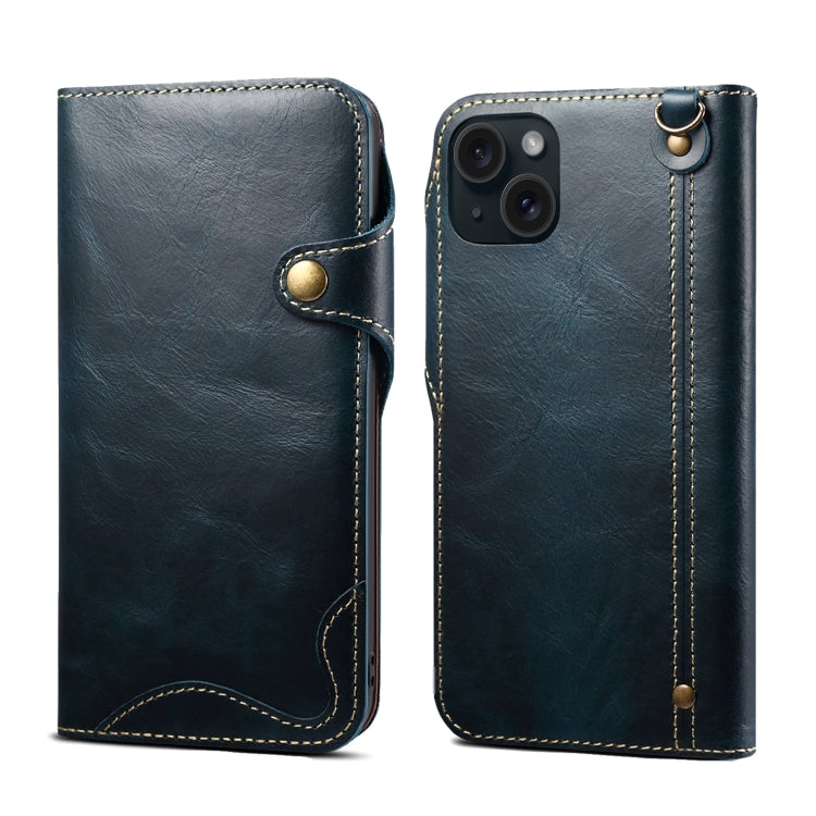 For iPhone 15 Plus Denior Oil Wax Cowhide Magnetic Button Genuine Leather Case(Dark Blue) by Denior
