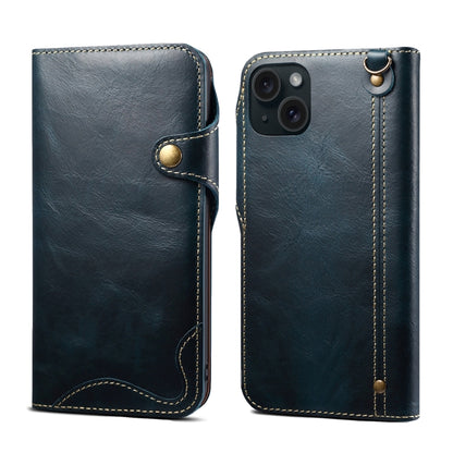 For iPhone 15 Plus Denior Oil Wax Cowhide Magnetic Button Genuine Leather Case(Dark Blue) by Denior