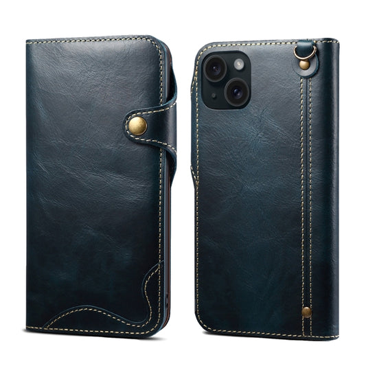 For iPhone 15 Plus Denior Oil Wax Cowhide Magnetic Button Genuine Leather Case(Dark Blue) by Denior
