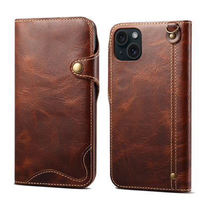 For iPhone 15 Denior Oil Wax Cowhide Magnetic Button Genuine Leather Case(Brown) by Denior