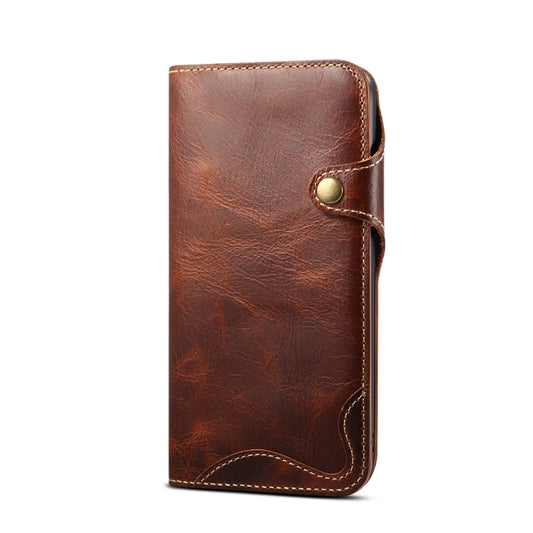 For iPhone 15 Denior Oil Wax Cowhide Magnetic Button Genuine Leather Case(Brown) by Denior