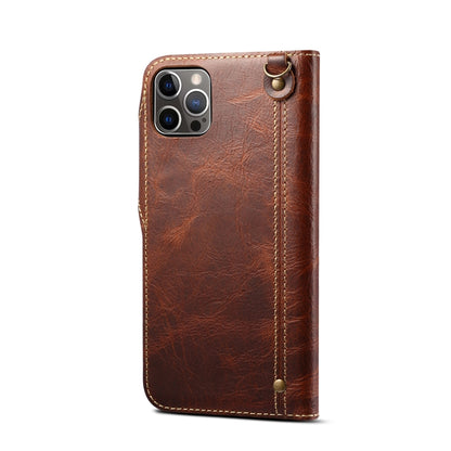 For iPhone 15 Denior Oil Wax Cowhide Magnetic Button Genuine Leather Case(Brown) by Denior