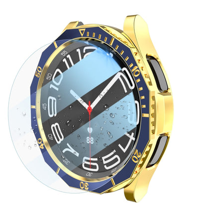 For Samsung Galaxy Watch6 Classic 47mm R960 Electroplate PC Case + Tempered Film + Watch Bezel Ring Set(Blue+Gold) by bashfashion