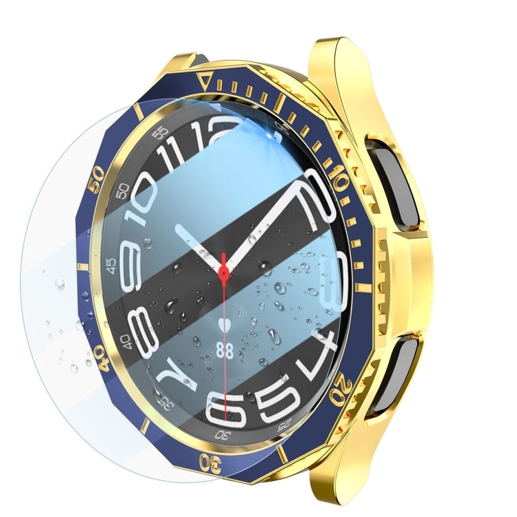 For Samsung Galaxy Watch6 Classic 43mm R950 Electroplate PC Case + Tempered Film + Watch Bezel Ring Set(Blue+Gold) by bashfashion