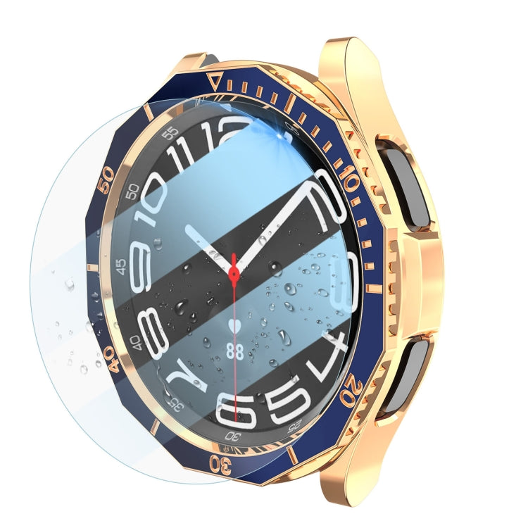 For Samsung Galaxy Watch6 Classic 43mm R950 Electroplate PC Case + Tempered Film + Watch Bezel Ring Set(Blue+Rose Gold) by bashfashion
