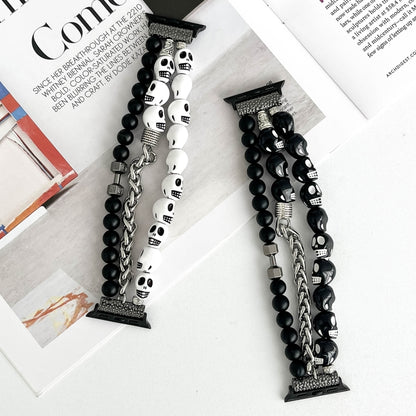 For Apple Watch Series 8 45mm Skull Beaded Watch Band(Black) by bashfashion