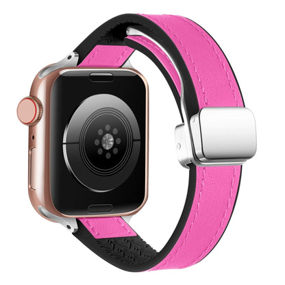 For Apple Watch Series 9 45mm Magnetic Folding Leather Silicone Watch Band(Rose Pink on Black) by bashfashion