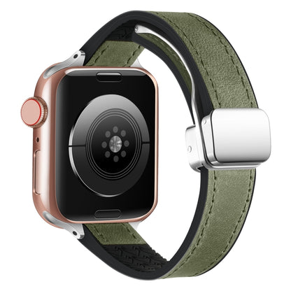 For Apple Watch Series 8 41mm Magnetic Folding Leather Silicone Watch Band(Crazy Horse Green) by bashfashion