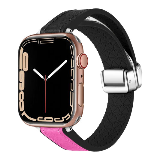 For Apple Watch Series 8 41mm Magnetic Folding Leather Silicone Watch Band(Black Rose Red) by bashfashion