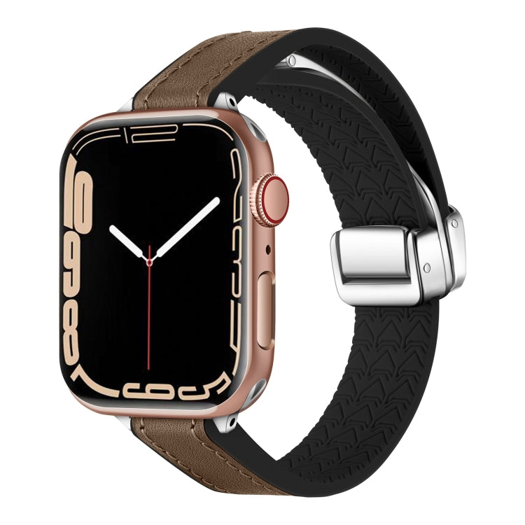 For Apple Watch Series 8 45mm Magnetic Folding Leather Silicone Watch Band(Dark Brown) by bashfashion