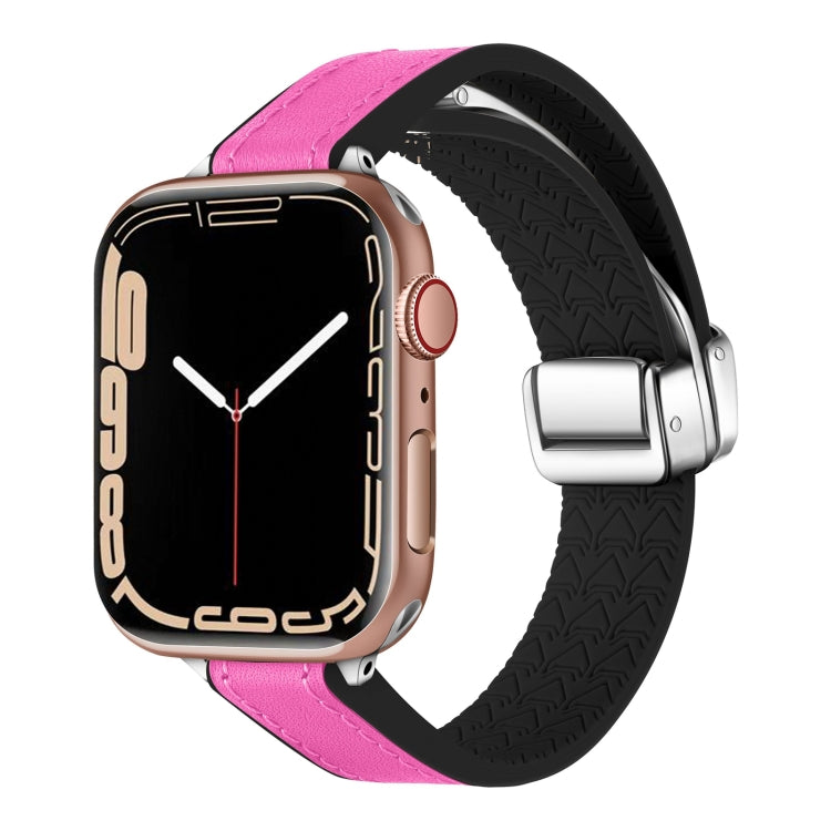 For Apple Watch SE 2022 44mm Magnetic Folding Leather Silicone Watch Band(Rose Pink on Black) by bashfashion