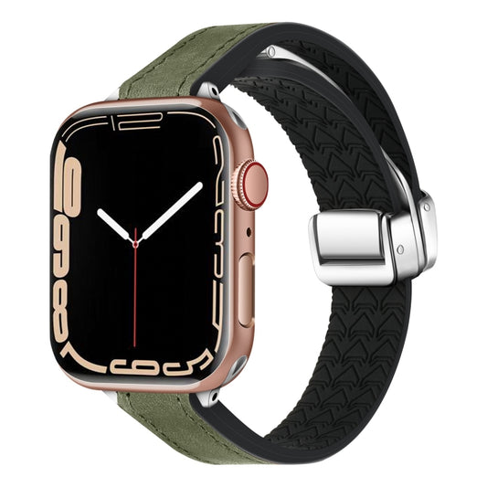 For Apple Watch Series 6 40mm Magnetic Folding Leather Silicone Watch Band(Crazy Horse Green) by bashfashion