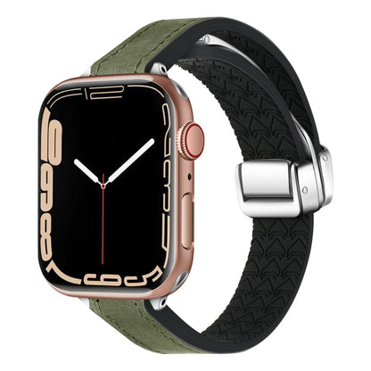 For Apple Watch Series 6 44mm Magnetic Folding Leather Silicone Watch Band(Crazy Horse Green) by bashfashion