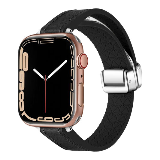 For Apple Watch Series 6 44mm Magnetic Folding Leather Silicone Watch Band(Napa Black) by bashfashion